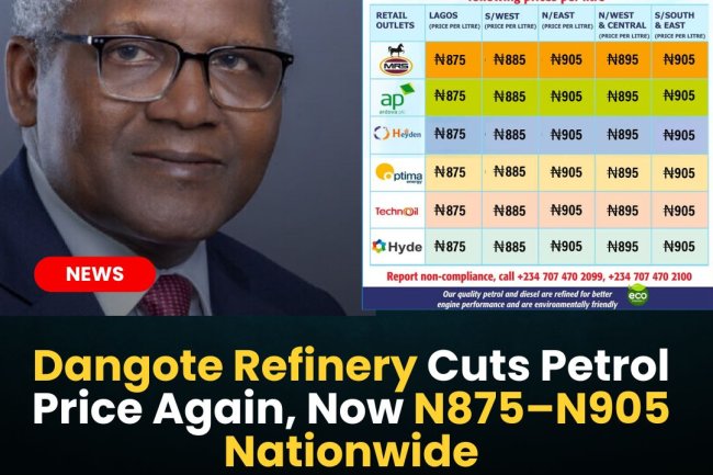 Dangote Refinery Cuts Petrol Price Again, Now N875–N905 Nationwide